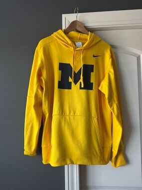 Nike Yellow Pullover Hoodie with Navy 'M' Graphic